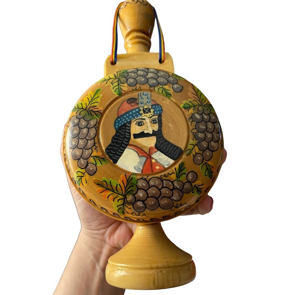 Vintage Large Wood Carved Liquor Bottle w/Strap Depicts Vlad Dracula Romania